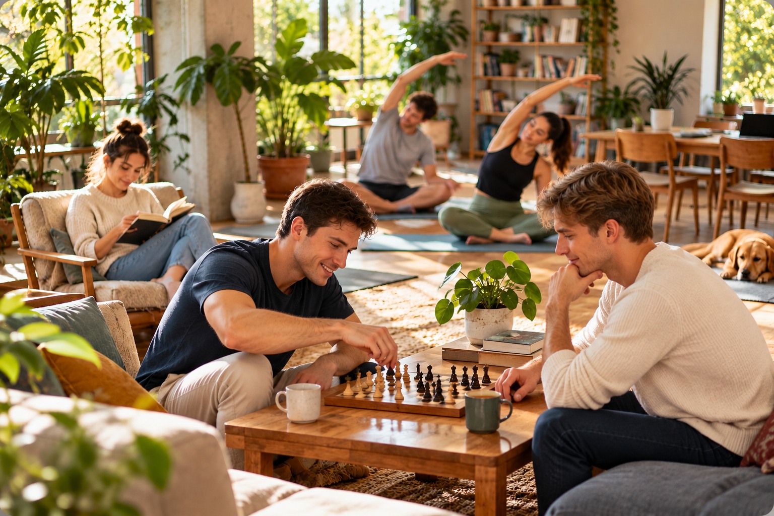 People playing chess, reading and stretching together in a shared living space