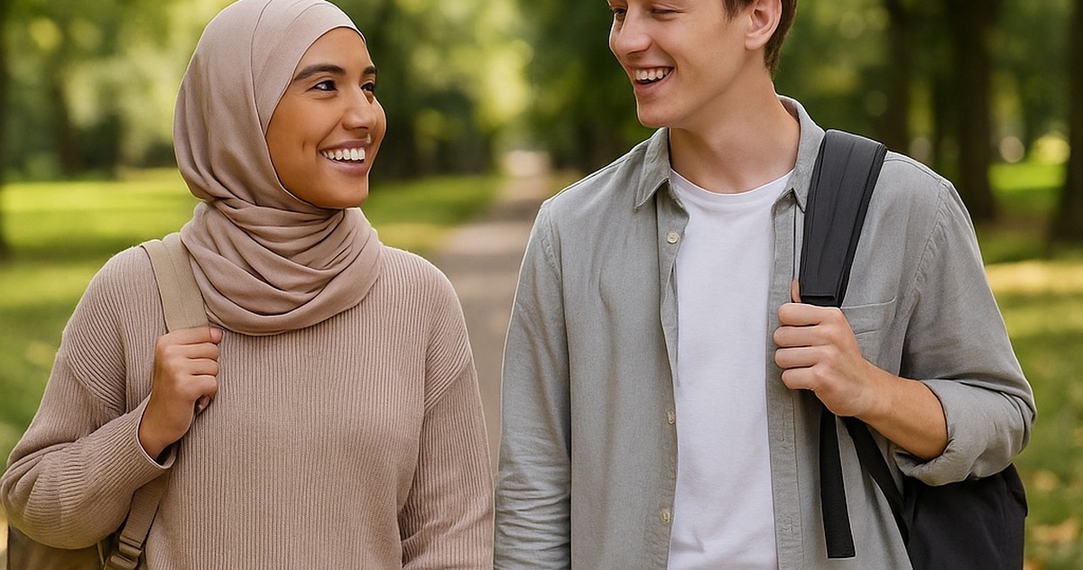 Two young adults walking together outdoors