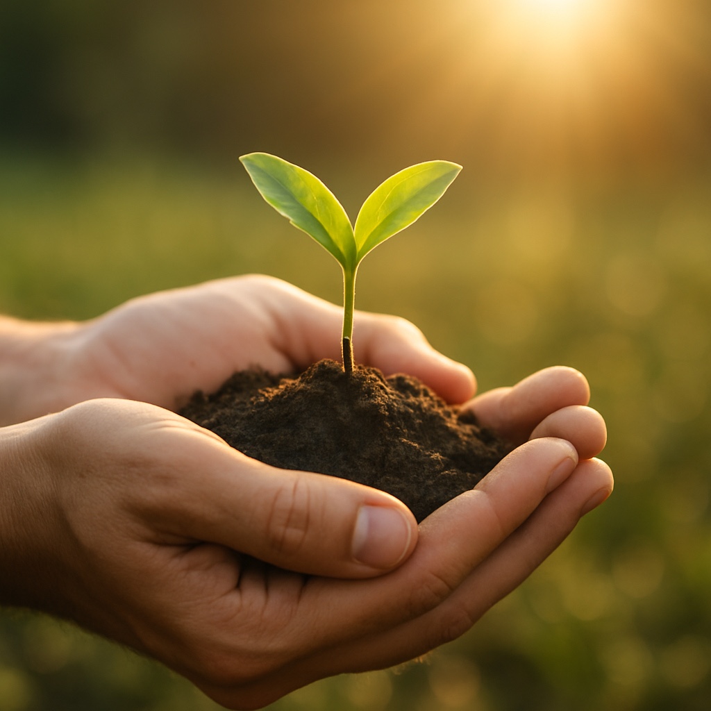 Young sprout supported by hands